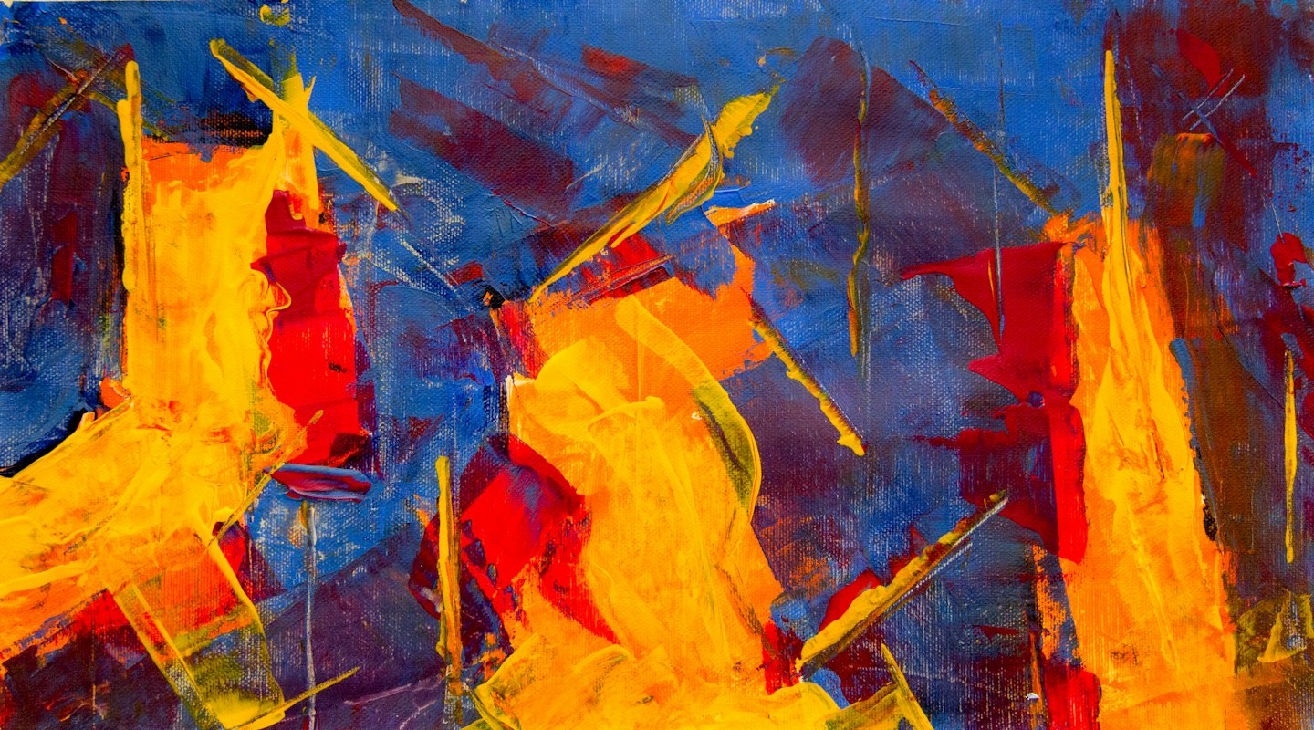 Thick blue, red, and orange paint strokes on canvas.