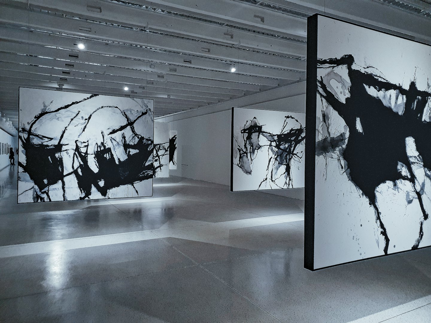 Abstract black and white paintings hanging in a modern art gallery.